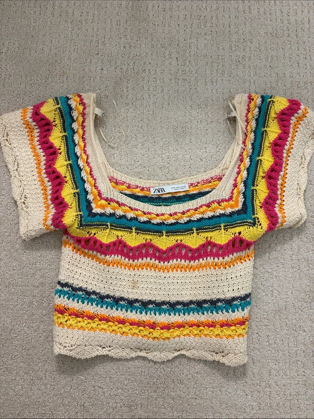 Zara Cream Crochet Crop Top with Bright Multicolor Stripes